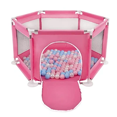 Abbildung von Selonis Sechseckiger Laufstall Mit 200 Bälle Laufgitter Für Kinder, Rosa:Babyblau/Puderrosa/Perle