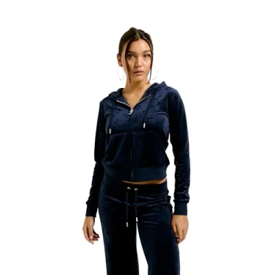 Abbildung von Juicy Couture Damen Monogram Hoodie weiche Velour Sweatjacke mit Kapuze und Fronttaschen für Sport Freizeit Fitness in versch. Farben Kapuzenpullover, Night Sky, M