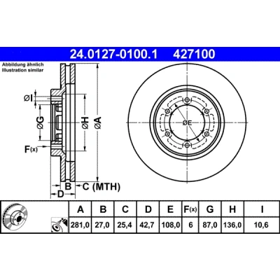 Abbildung von ATE 24.0127 0100.1 Bremsscheibe 281,0 27,0 6 108,0 Belüftet beschichtet HYUNDAI: Terracan