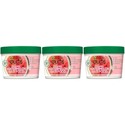 Abbildung von Garnier Fructis Hairfood Watermelon Haarmaske, 3in1 Haarpflege, Haarkur, Shining Leave in Conditioner hair, Spülung Haare, Vegan, mit Glycerin Kokosnussöl, Sonnenblumenöl, Granatapfel (3 x 390 ml)