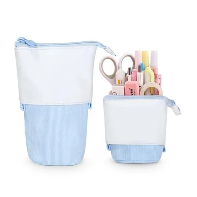 Abbildung von Xespis Federmäppchen Reißverschluss, Teleskopisch Mäppchen, 2 in 1 Standmäppchen, Federtasche Mädchen, Schüttelpenal Teenager, für Junge Mädchen Geschenke 7 8 9 10 11 12 Jahre(Hellblauer Cord)