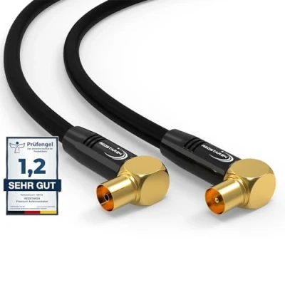 Abbildung von RedStar24 Antennenkabel 25m Schwarz 90 Gewinkelt Koaxial Stecker zu Buchse Premium HDTV Koaxialkabel für Kabelfernsehen TV Kabel: Kompatibel mit TV, Radio, DVB T/T2, C, DAB