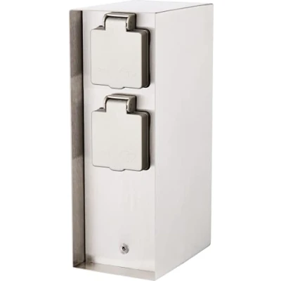 Abbildung von Bold Orio Aussen Steckdose Garten (Steckdosen Säule) mit 4 fach Stecker Verteiler in Edelstahl (IP44 Outdoor Energie Säule Bis zu 3680 Watt Eckig 23 x 12 8,5 cm Einfache Montage)