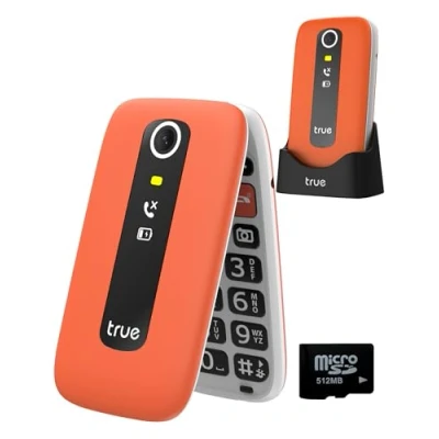 Abbildung von TRUE Seniorenhandy Klapphandy ohne Vertrag, 2,8 Zoll Farbdisplay, großen Tasten Handy für Senioren mit Schrittzähler, Sturzalarm, SOS Notruftaste, Ladestation, Taschenlampe, S70 (Orange)