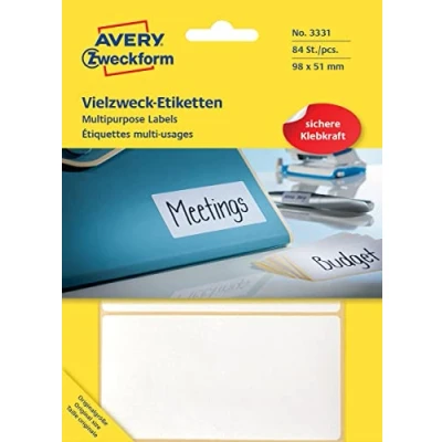 Abbildung von Avery Zweckform 3331 Haushaltsetiketten selbstklebend (98 x 51 mm, 84 Aufkleber auf 28 Bogen, Vielzweck Etiketten für Haushalt, Schule und Büro zum Beschriften Kennzeichnen) blanko, weiß