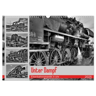 Abbildung von Unter Dampf Eisenbahnromantik in schwarz weiß (Wandkalender 2025 DIN A3 quer), CALVENDO Monatskalender