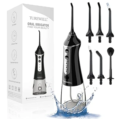 Abbildung von TUREWELL FC1591 Munddusche,Elektrisch zahnzwischenraumreiniger mit 3 Modi und 5 Düsen,IPX7 Wasserdicht 300ML Munddusche Kabellos,Tragbarer Aufladbarer water flosser für Familie Reisen