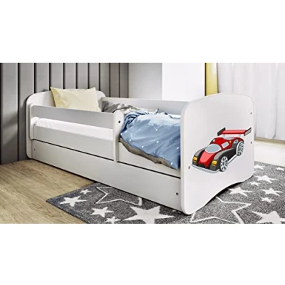 Abbildung von Bjird Kinderbett Jugendbett 70x140 80x160 80x180 Weiß mit Matratze Rausfallschutz Schublade und Lattenrost Kinderbetten für Mädchen Junge Rennwagen Motiv 180 cm
