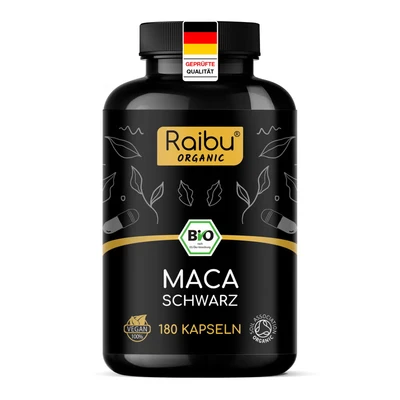 Abbildung von BIO Maca Kapseln (Schwarz) Hochdosiert aus reiner Macawurzel, 3200 mg Tagesdosis Mit natürlichem Vitamin C Biozertifiziert, Vegan &amp; Ohne Magnesiumstearat 180 Kapseln, Raibu