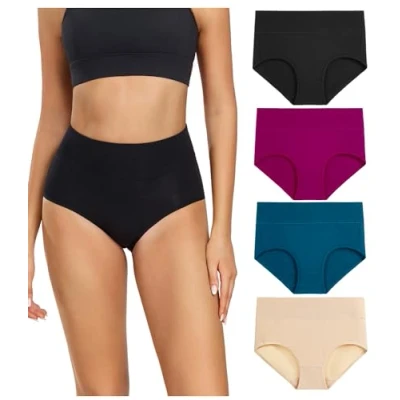 Abbildung von wirarpa Unterhosen Damen Baumwolle Frauen Unterwäsche Hohe Taille Slips Hoher Taillenslip 4er Pack Schwarz Tiefrot Teal Beige Größe XXX Large (56/58)