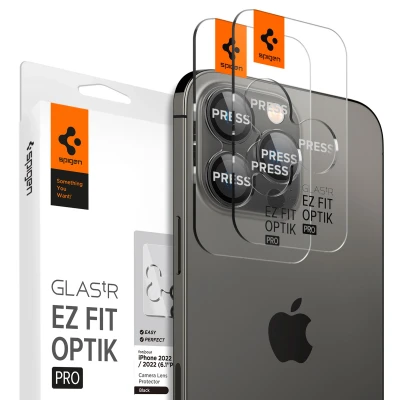 Abbildung von Spigen Glas.tR EZ Fit Optik Pro Kameraschutz kompatibel mit iPhone 16 Pro, Max, 2 Stück, Titan Schwarz, Individuelle Kameraprotektion, Anti Kratzer