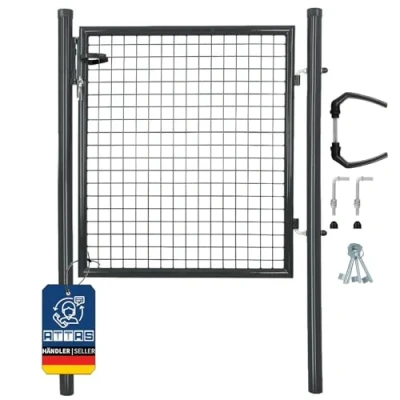 Abbildung von ATTAS Gartentor, Gartentür, verzinkter Stahl, 100x100 cm, Rundrohr, Zauntür Komlpettset mit Maschendrahtzaun, Zauntor, Metall Anthranzit, Wetterfest &amp; Abschließbar, für den Garten Hoftor