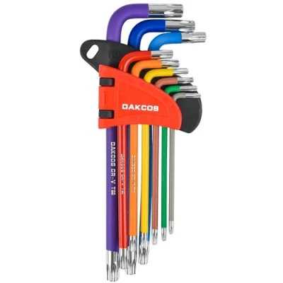 Abbildung von DAKCOS TORX Schlüssel Set T10 T50, 9 tlg Winkelschlüssel Satz mit Stirnlochbohrung, CR V, für Innen Schrauben, in Kunststoffclip