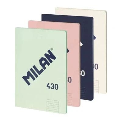 Abbildung von MILAN® Packung mit 4 Notizbüchern A4, geleimt, liniertes Papier (7 mm), 48 Blatt, 95 g/m², Gummi Kollektion 430