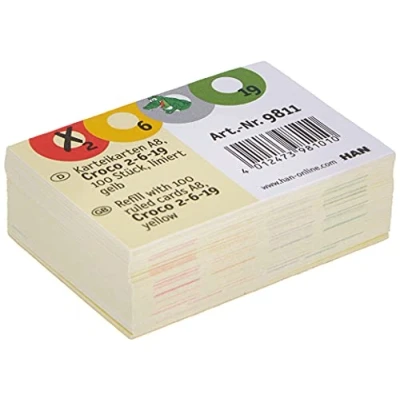 Abbildung von HAN Karteikarten 100 Stück DIN A8 quer liniert für CROCO Duo (9987) und 2 6 19 (9988) Lernkarteikartenbox, farbig bedruckt, stabiler Karteikarton 190g/m² mit vier bunten Kreisen zum Ankreuzen, 9811