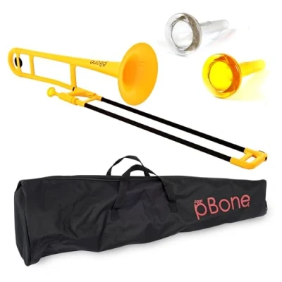 Abbildung von pBone Posaune, ABS Kunststoff Posaune (Fiberglas Zugrohre, 8&quot; Schallstück, 12,7 mm Bohrung, Mundstück mit schmalem Schaft, inklusive Tasche), Gelb