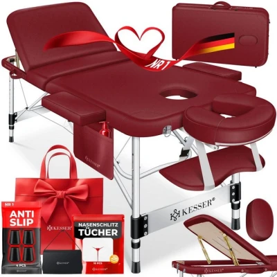 Abbildung von KESSER® Mobile Massageliege klappbar &amp; höhenverstellbar 3 Zonen Massagebett Massagetisch Kosmetikliege Breit Therapieliege Aluminium + 10x Gesichtsauflage mit Kopfstütze Armlehnen Tasche Bordeaux