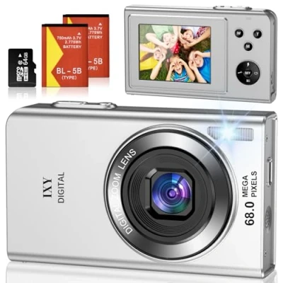 Abbildung von Digitalkamera, 68MP 4K Fotokamera mit Autofokus 16X Digitalzoom Fotoapparat, 2.4&quot; LCD Bildschirm Kompaktkamera Tragbare Digital Kamera 64GB SD Karte für Teenager Erwachsene Anfänger (Silber)