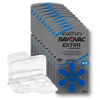 Abbildung von 60x Rayovac Extra Advanced 675 Hörgerätebatterien 10x6er Blister PR44 Blau 24600 + Aufbewahrungsbox für 2 (10, 13, 312, 675), Batteriebox Knopfzellen bis 12 mm x 6 (Ø H)