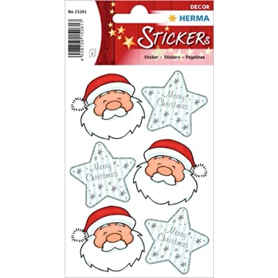 Abbildung von HERMA 15261 Aufkleber Weihnachtsmann klein, 18 Stück, Weihnachten Sticker mit Nikolaus Sterne Motiv, Kinder Etiketten für Weihnachtsdeko Geschenke Adventskalender Winter Dekoration Briefe DIY Basteln