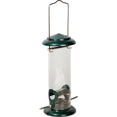 Abbildung von dobar® 11516 Kompakte Vogelfuttersäule mit Anflugstangen Wildvogelfutterspender für Sämereien Vogelfutterstation Metall Futterspender in Garten/Terrasse/Balkon Ø 9,5 x 23 cm Grün
