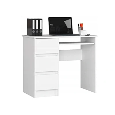 Abbildung von BDW Computertisch Weiß mit 3 Schubladen auf der linken Seite und Einer ausziehbaren Schublade für die Tastatur. EIN Schreibtisch einen Desktop oder Laptop Computer, 90x77x50