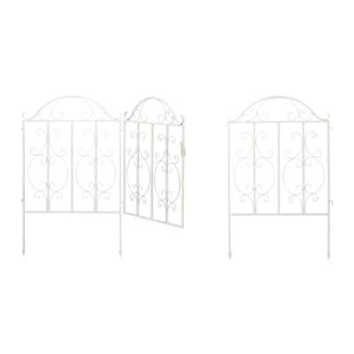 Abbildung von Relaxdays Gartentor, 3 teilig, Stahl, Gartenpforte Ornamente, Gartentür mit 2 Zaunelementen, HxB: 98,5 x 185 cm, weiß