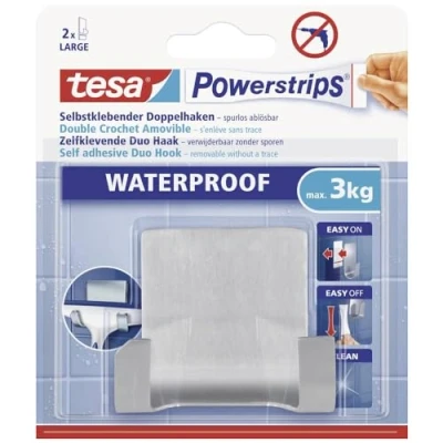 Abbildung von tesa Powerstrips Doppelhaken Waterproof Zoom selbstklebender Haken für Dusche und Bad, groß Metall Badhaken belastbar bis 3 kg