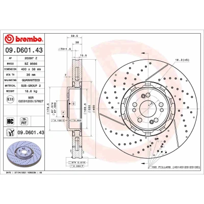 Abbildung von BREMBO 09.D601.43 Bremsscheibe 400 38 5 Verbundbremsscheibe, innenbelüftet, geschlitzt/gelocht beschichtet hochgekohlt MERCEDES BENZ: GLE, GLE Coupe