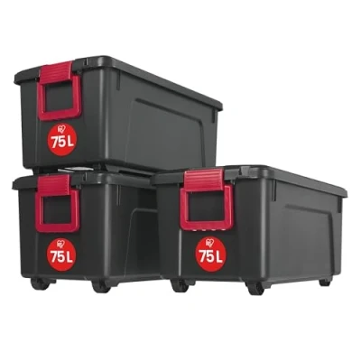 Abbildung von Iris Ohyama, große Kunststoff Aufbewahrungsbox, 75 l Garagen 3er Set, SIA 75, schwarz, stapelbar, Verschlussklammern B78 x T39,5 H35 cm