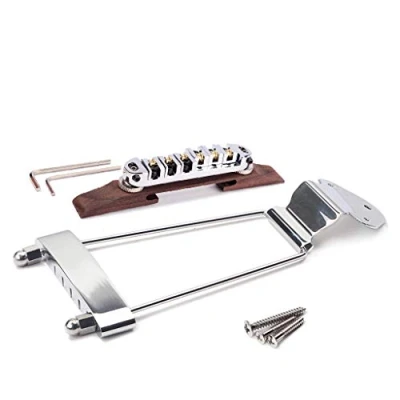 Abbildung von Alnicov Northwest Guitars Archtop Jazz Gitarre Palisander Steg höhenverstellbar &amp; Saitenhalter Trapez für Gitarren Teile, Chrom
