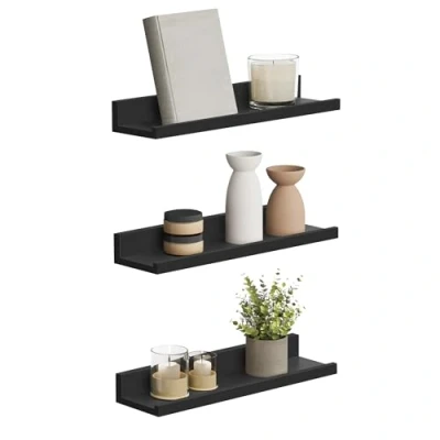 Abbildung von SONGMICS Wandregal, 3er Set, Schweberegal, 38 cm breit, Regal für Fotorahmen und Dekos, Wohnzimmer, Arbeitszimmer, Badezimmer, Küche, schwarz LWS038B01