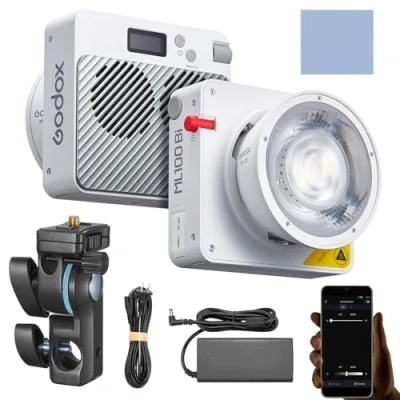 Abbildung von Godox ML100Bi 100 W LED Videoleuchte, 2800 K 6500 zweifarbiges Fülllicht TLCI 98+, CRI 97+, 11 Lichteffekte,APP Fernbedienung, Halterung mit 15 Linsenreflektor