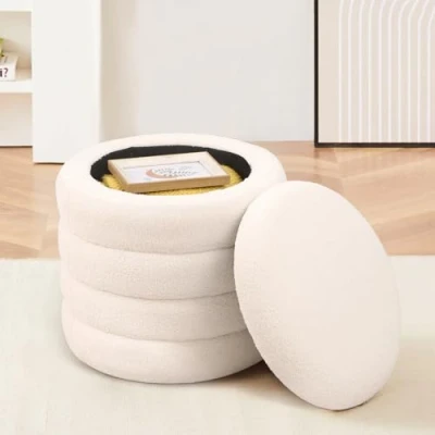 Abbildung von LEUTED Hocker mit Stauraum, Sitzhocker Stauraum Rund, Teddystoff Schminktisch Hocker, Fußbank Aufbewahrungsbox, Polsterhocker Kleiner für Schlafzimmer Wohnzimmer Flure Weiß