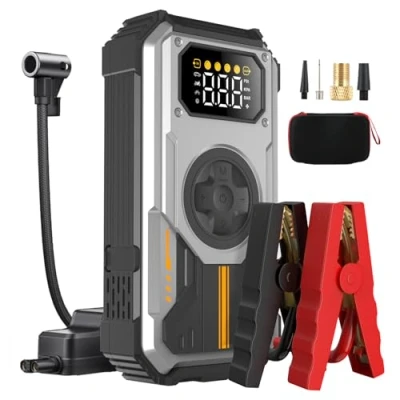 Abbildung von Eigotrav Starthilfe Powerbank, 6000A Auto (Bis zu 7.5L Benzin, 6L Diesel), 5 in 1 Tragbarer Starter Powerbank mit 150PSI Kompressor, LCD Display, LED Taschenlampe