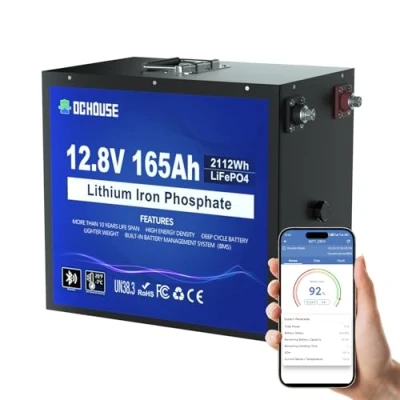 Abbildung von DCHOUSE 12V 165Ah LiFePO4 Lithium Batterie, Bluetooth &amp; Niedrigtemperaturschutz, sichere Metallhülle, Batterie mit bis zu 15000 Zyklen, 120A BMS, für Trolling Motoren, Marine, RV, Solar
