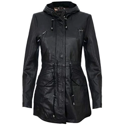 Abbildung von Infinity Leather Parker Jacke Aus Schwarzem Leder Mit Kapuze Und Mehreren Taschen M