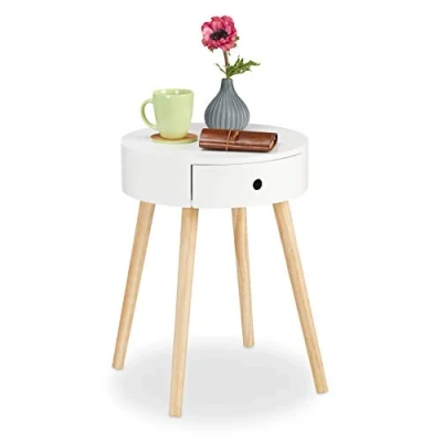 Abbildung von Relaxdays, weiß Beistelltisch rund, Schublade, skandinavisches Design, Couchtisch oder Nachttisch, HxØ: 52 x 40 cm, Holz, Standard