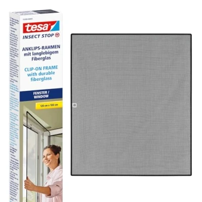 Abbildung von tesa Fliegengitter Gewebe Insect Stop Clip On Insektenschutz für Fenster 1,00 m x 1,20 m, (Komplett Set, 1 St., inkl. Fiberglas Netz in Anthrazit, Rahmen und Halteklip Lösung)