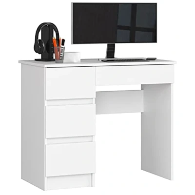 Abbildung von AKORD Computertisch Schreibtisch 4 Schubladen Komfort Hohe Qualität Solide Für Zuhause das Büro Ergonomie die Arbeit B90 x H77 T50 cm Weiß