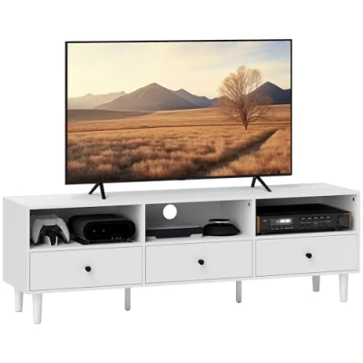 Abbildung von HOMCOM TV Schrank Board mit Schubladen, 3 offenen Fächern 140 cm lang Lowboard Kabelmanagement für Fernseher bis zu 75 Zoll Fernsehtisch Wohnzimmer Weiß 140x34x45cm