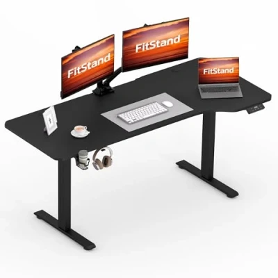 Abbildung von FitStand 160x75cm höhenverstellbarer Schreibtisch Electric Lift Desk mit Tischplatte, Stehpult, Computertisch Haken, Memory Funktion für Büro und Zuhause Schwarz