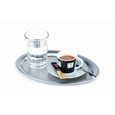 Abbildung von APS Serviertablett „Kaffeehaus“, klassisches Wiener Kaffeehaus Tablett, Edelstahl matt poliert, oval, Rand eingerollt, 19 x 15 cm, 1 cm Höhe