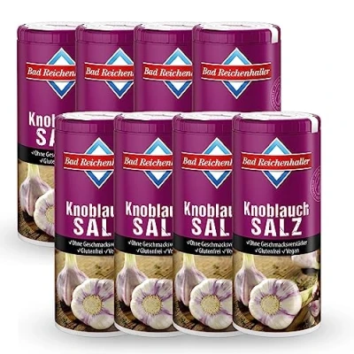 Abbildung von Bad Reichenhaller Knoblauch Salz 8 x 90g Dose Großpackung Vorratspackung ohne Geschmacksverstärker Glutenfrei Vegan AlpenJodSalz + Folsäure ausgewählte Kräuter