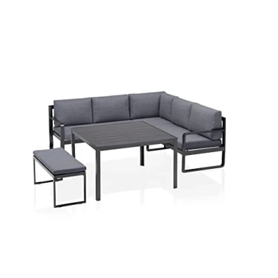 Abbildung von KETTLER Ocean Casual Dining Eckset inkl. Kissen Moderne Sitzlounge aus Aluminium mit 2 Sitzer, 3 Bank &amp; Tisch komfortable Garten Sitzgruppe Liege Option anthrazit/grau