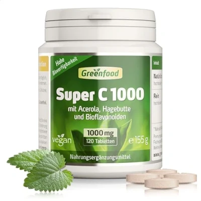 Abbildung von Vitamin C Hochdosiert natürlich mit 1000mg pro Tag (120 vegane Kapseln) für 4 Monate Acerola, Hagebutte und Bioflavonoiden ohne Zusätze &amp; laborgeprüft Greenfood Super