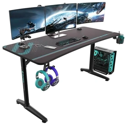 Abbildung von EUREKA ERGONOMIC Gaming Tisch 152x70cm Schreibtisch Großer Computertisch Ergonomischer PC Gamer mit Kopfhörerhaken, Getränkehalter für Home Office