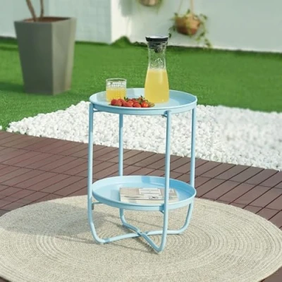 Abbildung von [en.casa] Outdoor Beistelltisch Sandefjord Tabletttisch Balkontisch mit 2 abnehmbaren Tabletts Himmelblau Gartentisch 57,5 x Ø40 cm rund Indoor Metalltisch