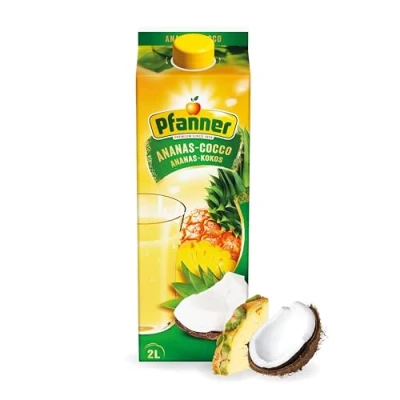 Abbildung von Pfanner Ananas Kokos Getränk (1 x 2 l) und Kokoswasser säuerlich süßer Fruchtnektar mit mind. 25% Fruchtgehalt