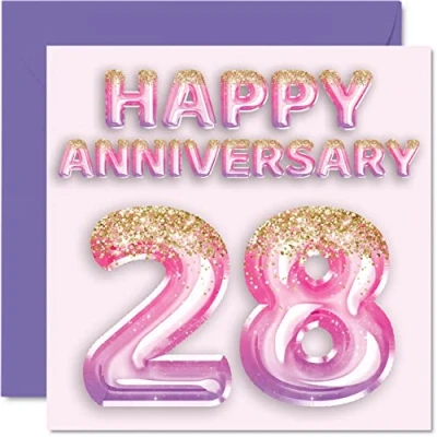 Abbildung von Stuff4 Hübsche Karte zum 28. Jahrestag für Ehefrau, Freundin, Ehemann, Freund, rosa lila Glitzer Luftballons Happy 28 Jahrestagskarten aus der Familie, 145 mm x Grußkarten Jubiläen